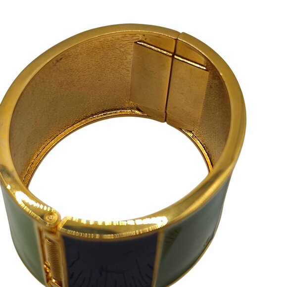 Green/Blue Enamel Gold Tone Chunky Bangle Cuff Bracelet Boho Cottage Cabincore - Picture 7 of 14